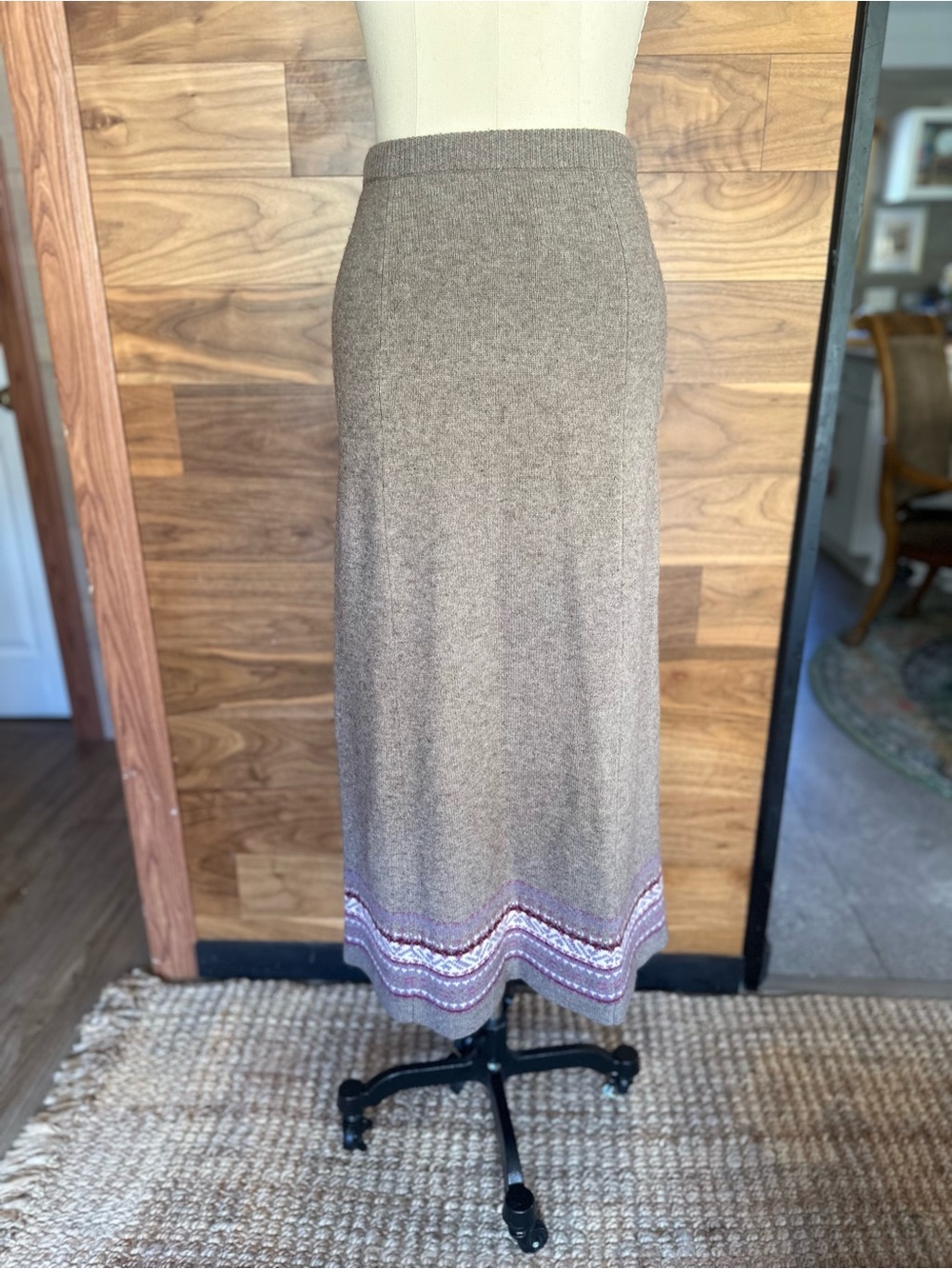Women’s Taupe Maxi Knit Skirt with Embroidered Hem